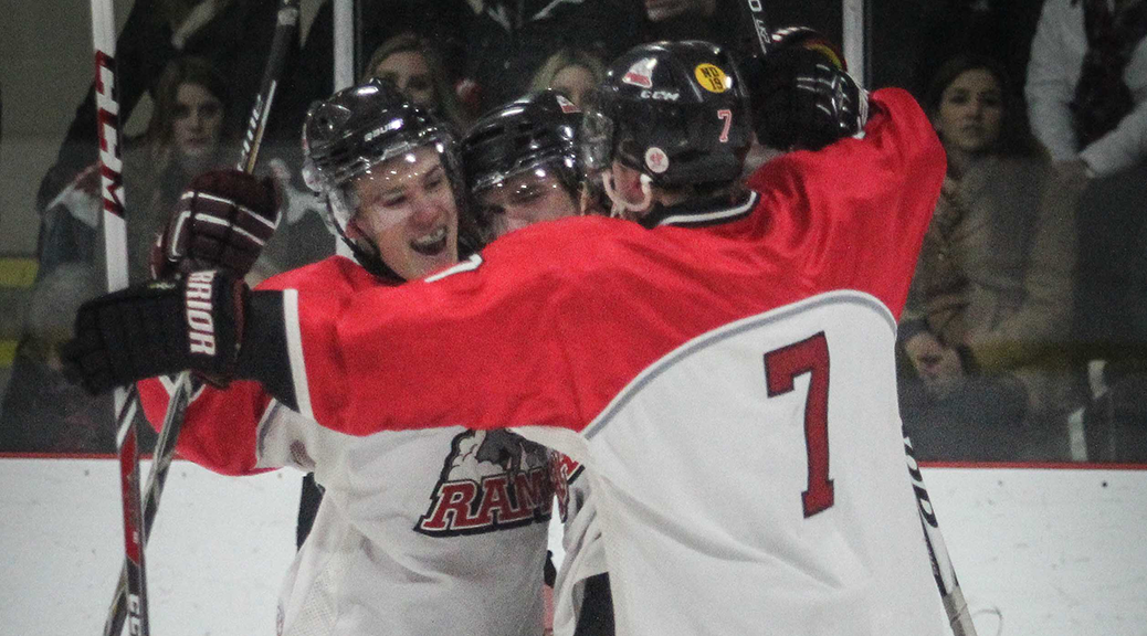 tittsville Rams players celebrate a tieing goal midway through the first perid. Stittsville went on to win 6-3 over CasselmanVikings. (Photo by Barry Gray/For StittsvilleCentral.ca)