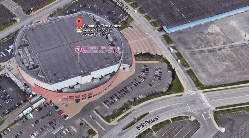 Aerial view of Canadian Tire Centre. Via Google Maps, accessed October 30, 2017.