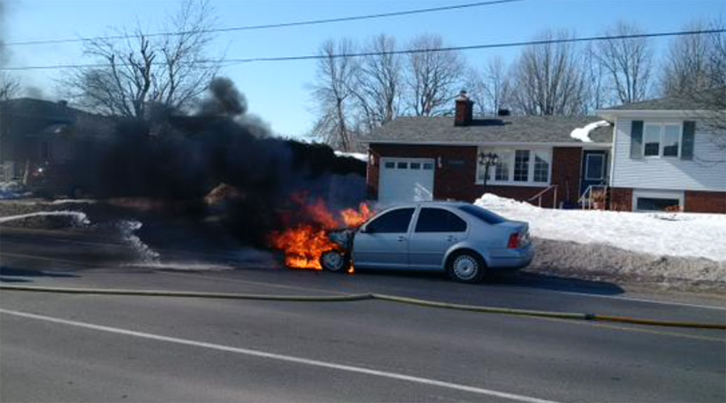 Car fire on Shea Road. Photo via Todd Horricks, Ottawa Fire Services.
