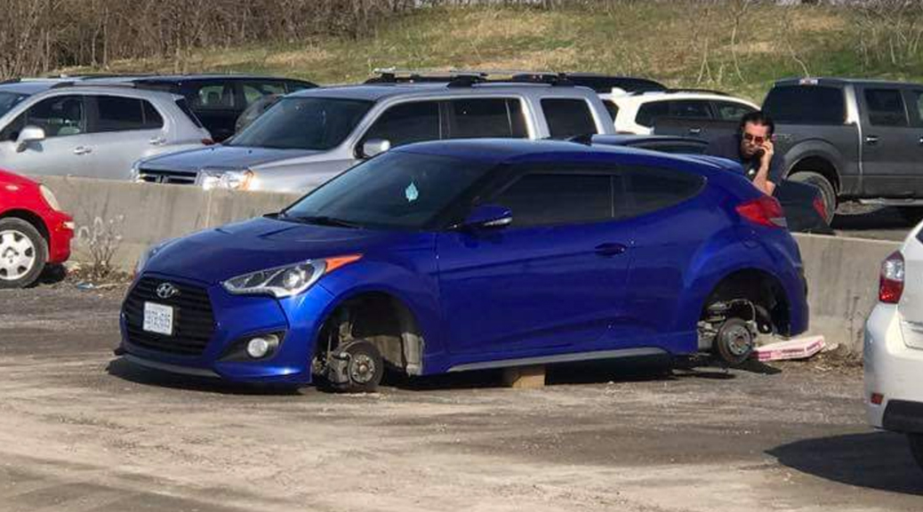 Jeff Levere arrived back at his car after work to find all four wheels stolen.