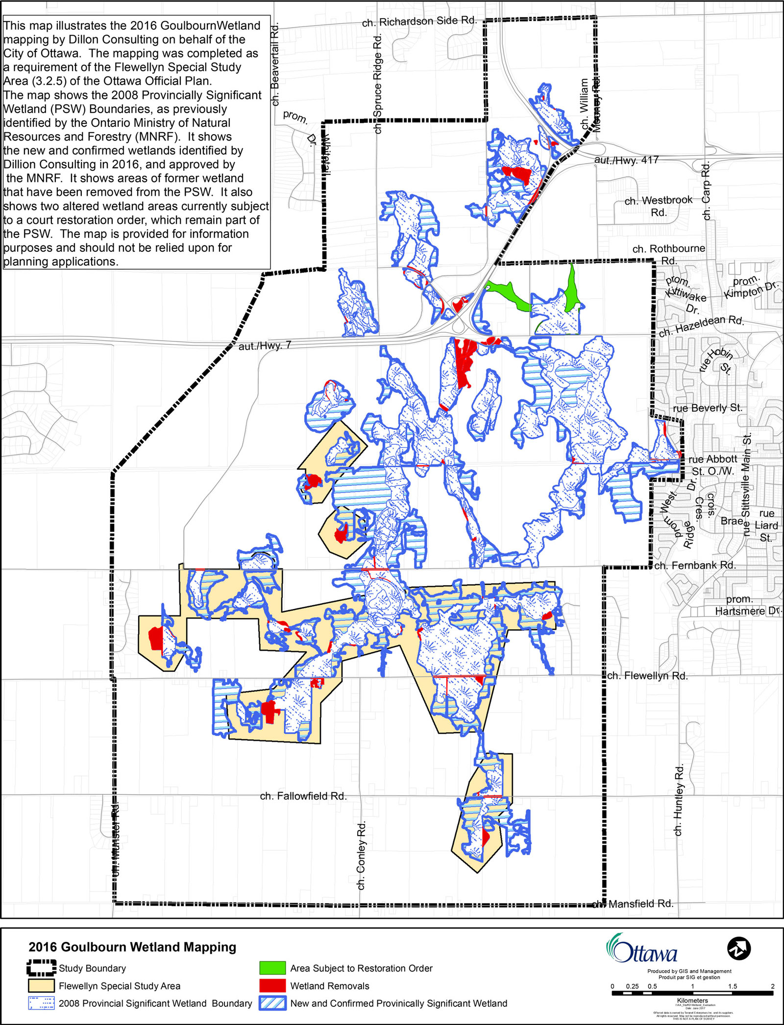 This map illustrates the 2016 Goulbourn Wetland mapping by Dillon Consulting on behalf of the City of Ottawa. The mapping was completed as a requirement of the Flewellyn Special Study Area (3.2.5) of the Ottawa Official Plan. The map shows the 2008 Provincially Significant Wetland (PSW) Boundaries, as previously identified by the Ontario Ministry of Natural Resources and Forestry (MNRF). It shows the new and confirmed wetlands identified by Dillion Consulting in 2016, and approved by the MNRF. It shows areas of former wetland that have been removed from the PSW. It also shows two altered wetland areas currently subject to a court restoration order, which remain part o the PSW. The map is provided for information purposes and should not be relied upon for planning applications. The full size map is available here: http://ottawa.ca/en/city-hall/public-consultations/environment/flewellyn-special-study-area-and-goulbourn-wetland