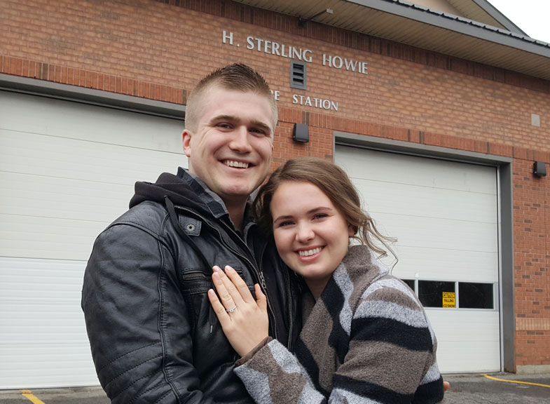 Josh Gibeault and Megan Faulkner in front of the fire station on Stittsville Main Street.