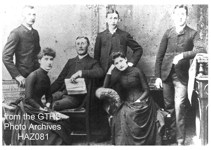 Family of Robert and Eliza Grant, standing left to right John, James, and William. Seated Bessie (Mrs John Gourlay), Robert and Mary (Mrs William Templeton) from the GTHS Photo Archives HAZ081