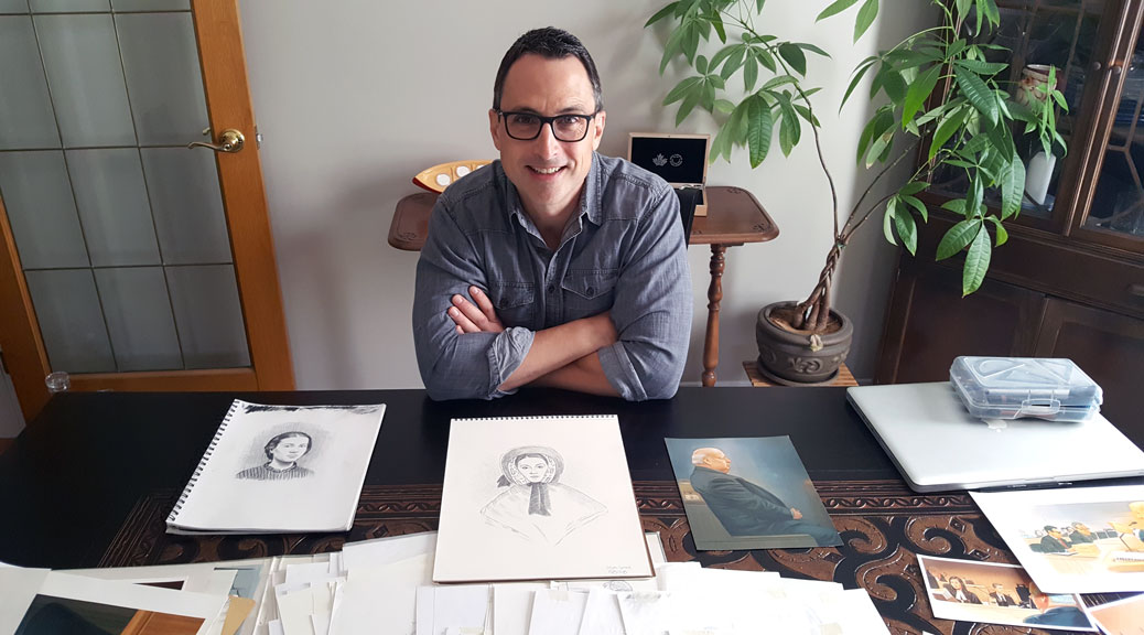Greg Banning with some of his sketches, in the dining room at his home in Stittsville. Photo by G. Gower.