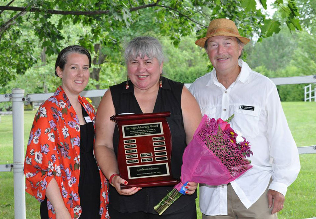Hélène Rivest, centre, with Goulbourn Museum’s Curator Manager, Kathryn Jamieson, and Chairperson Keith Hobbs. Photo via Goulbourn Museum
