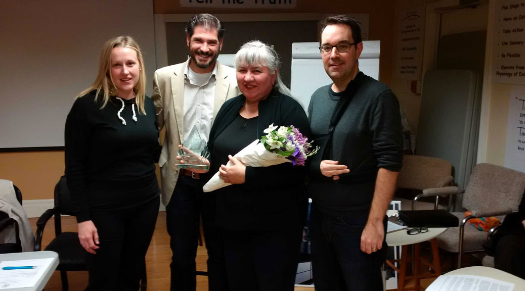 Hélène Rivest with the SVA award committee, Jennifer de Sa, Murilo Torres and Glen Gower. Photo courtesy of Councillor Shad Qadri’s office.