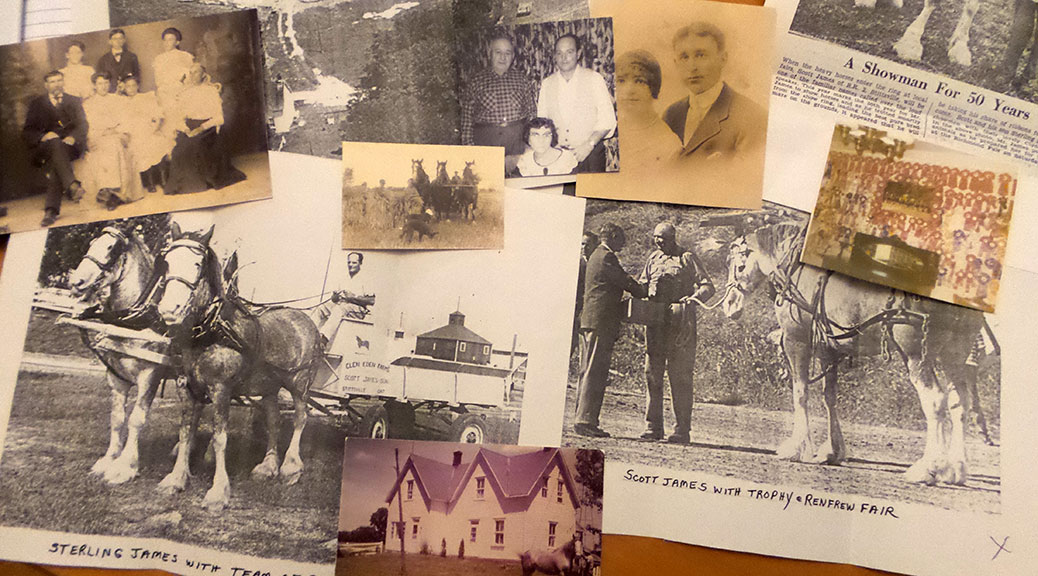 Collage of James family photos and documents.