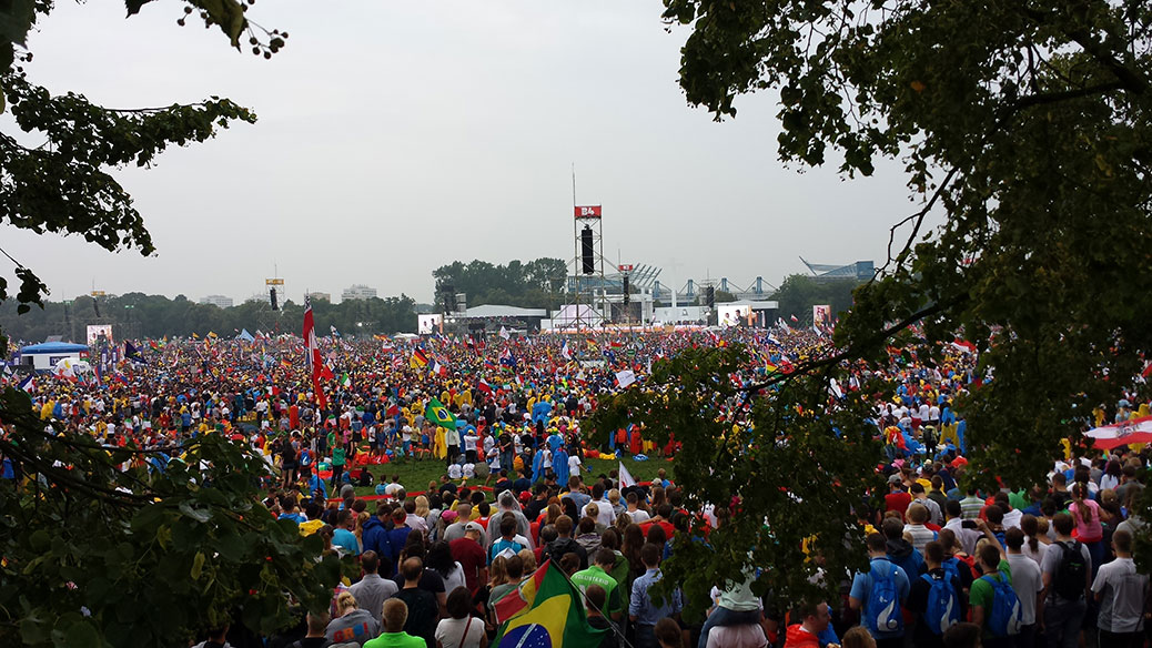 A massive crowd of people attend World Youth Day in Karkow, Poland.