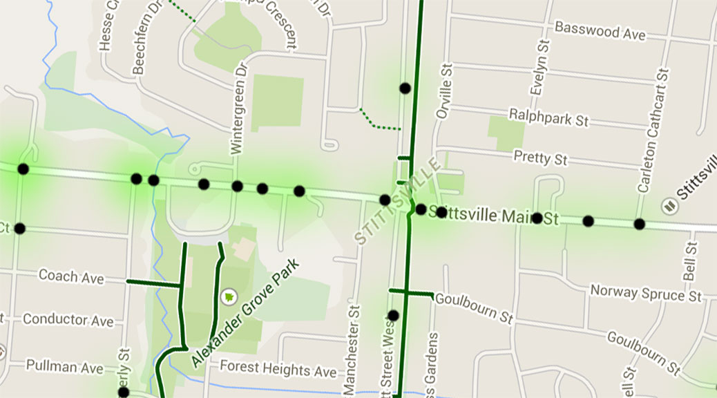 Screen capture of a map showing pedestrian and cyclist collisions in Ottawa from 2004-2013.
