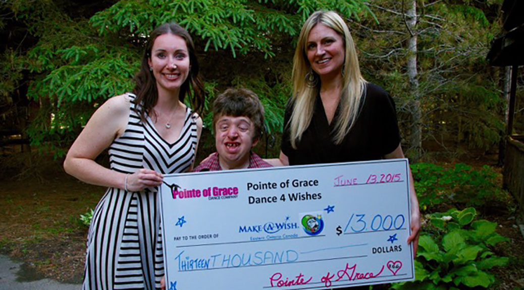 Pointe of Grace Directors Carly Sherwin (left) and Amanda Leroux (right) present Tysen Lefebvre with a cheque for $13,000. Pointe of Grace Dance Company’s competitive team raised the funds for Tysen’s Mission to a Million for Make-A-Wish Eastern Ontario at their third annual Spring Dance 4 Wishes Showcase, which was held at Sacred Heart High School in March. The donation is enough to grant at least one wish to a child with a life-threatening medical condition or illness. Dancers from the studio’s Junior competitive team were honoured to be asked to dance at the Make-A-Wish gala this year.