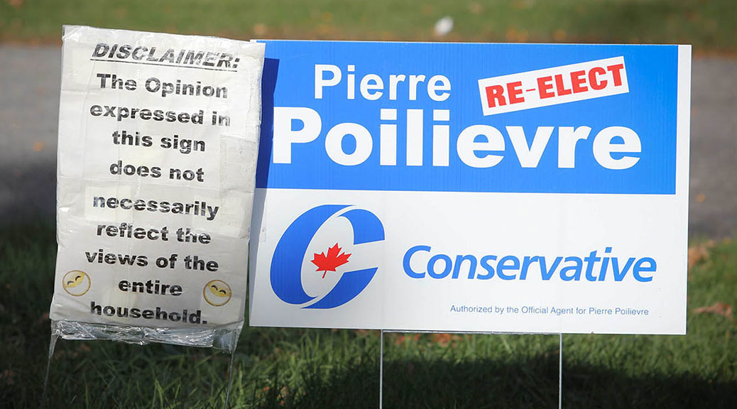 Pierre Poilievre sign with a disclaimer. Photo by Barry Gray.