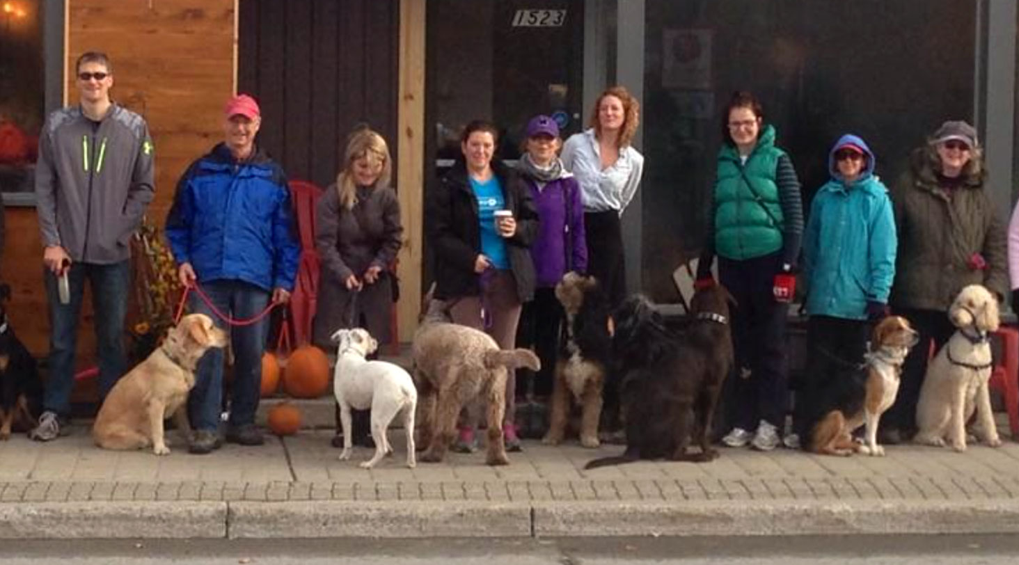 Dog owners gather for a pack walk in front of Quitters last October. Photo via Janet Burns / Dog Dayz Daycare and Training.