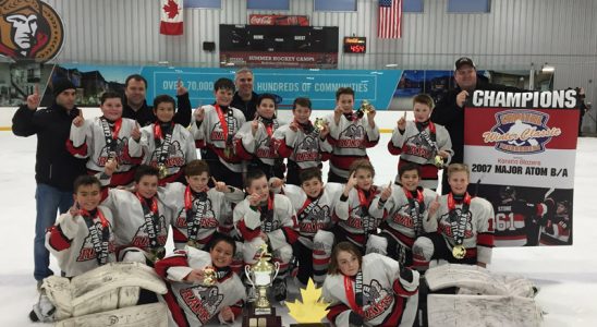 Stittsville Major Atom Rams. Top Row: Keegan Pearce, Christian Lamb, Danny Finnie, Ryan Power, Cooper Stansel, Daniel Rogers, Ryder Pennell. Middle Row: Marshall Jamieson, Janik Selway, Brody Yakabuski, Kallum Malloy, Jack Lariviere, Ryan Wallace, Tyler Edmond, Mitchell Cairns. Front Row: Taiki Mossman, Riley Martin.