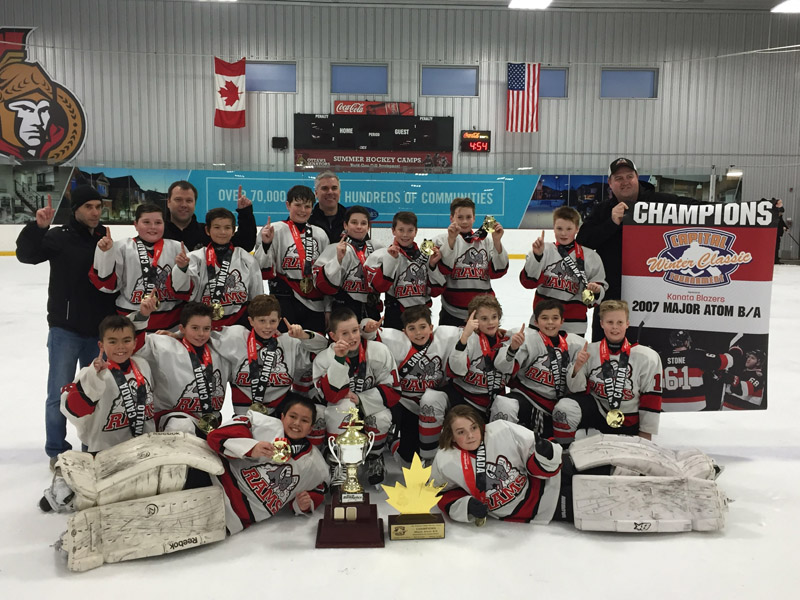 Stittsville Major Atom Rams. Top Row: Keegan Pearce, Christian Lamb, Danny Finnie, Ryan Power, Cooper Stansel, Daniel Rogers, Ryder Pennell. Middle Row: Marshall Jamieson, Janik Selway, Brody Yakabuski, Kallum Malloy, Jack Lariviere, Ryan Wallace, Tyler Edmond, Mitchell Cairns. Front Row: Taiki Mossman, Riley Martin.