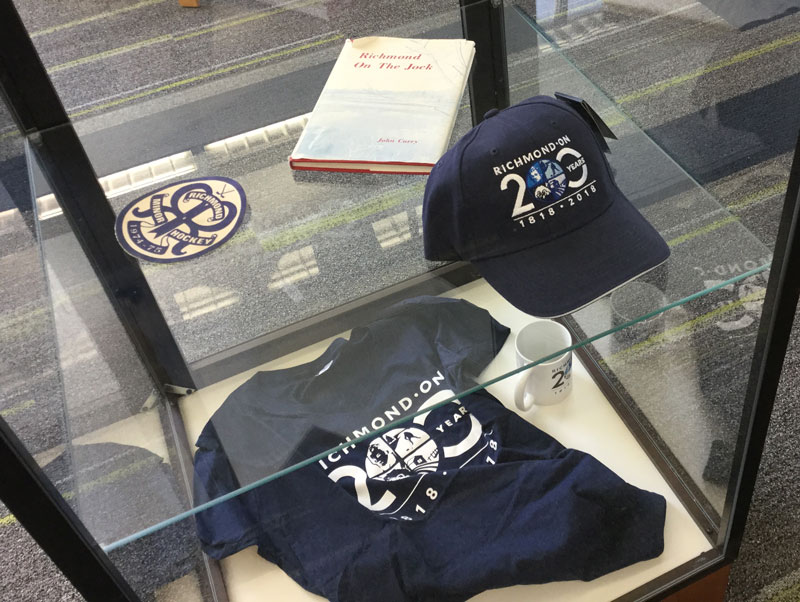 Richmond 200th anniversary merchandise on display at the library.