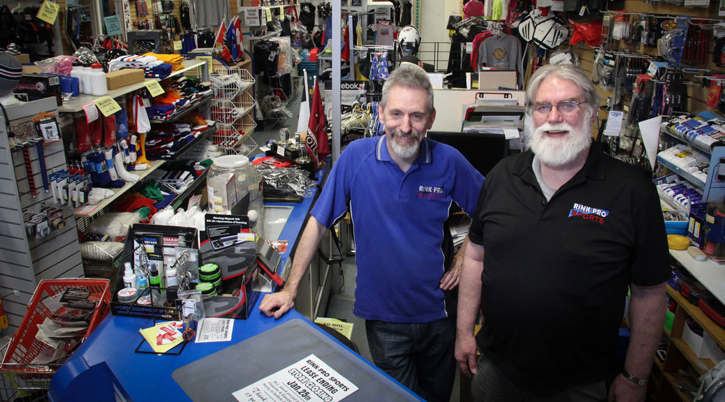 Rink-Pro owner Luc Forget with long-time employee Rick Spencer at the store in Jackson Trails Plaza. Photo by Barry Gray.