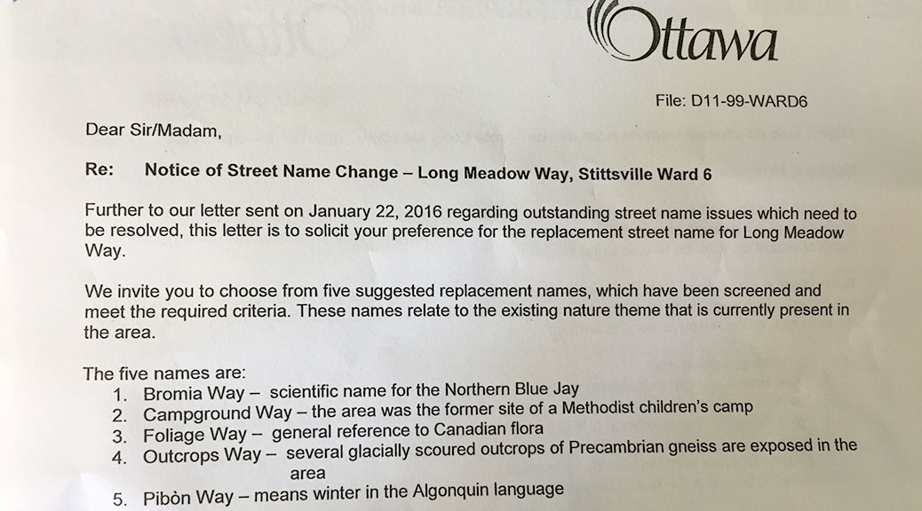 Letter about new street names on Long Meadow Drive