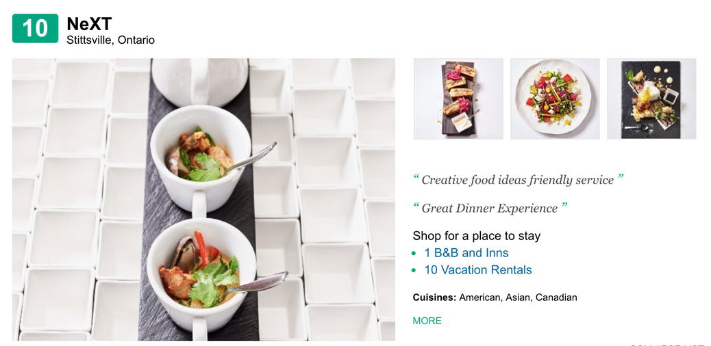 Stittsville's NeXT restaurant has cracked TripAdvisor's Travelers' Choice list of the top ten restaurants in Canada. 