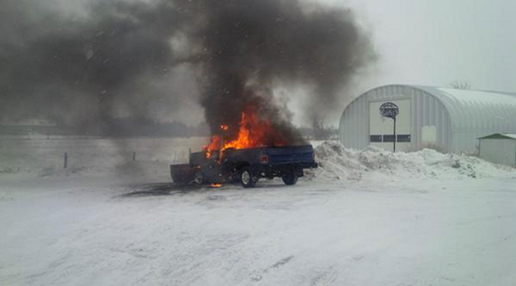 Firefighters extenguish a truck fire on Fallowfield Road. Photo courtesy of Todd Horricks / Ottawa Fire.